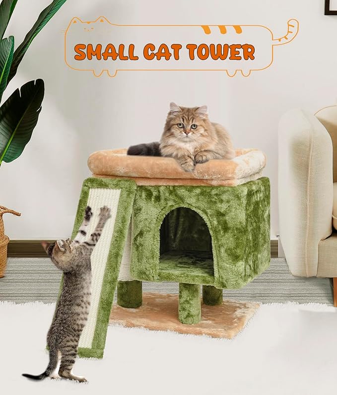 SYANDLVY Small Cat Tree for Indoor Cats, Cat Tower with Scratching Post, Modern Activity House for Large Cats, Condo with Board, Kittens Cave