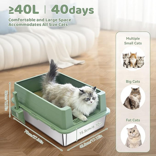 Homegroove XXXL Stainless Steel Litter Box with High Sides, 28"x20"x12" Extra Large Cat Litter Box for Big Cats, Metal Cat Litter Boxes Anti-Urine Leakage, Easy Clean (Green)