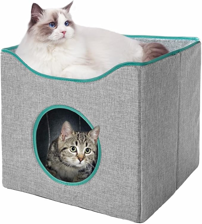 Jongee Cat Cube House Foldable Cat Condo with Reversible Cushion ＆ Scratch Pad for Small Cats, Gray, 13”×13”×15”