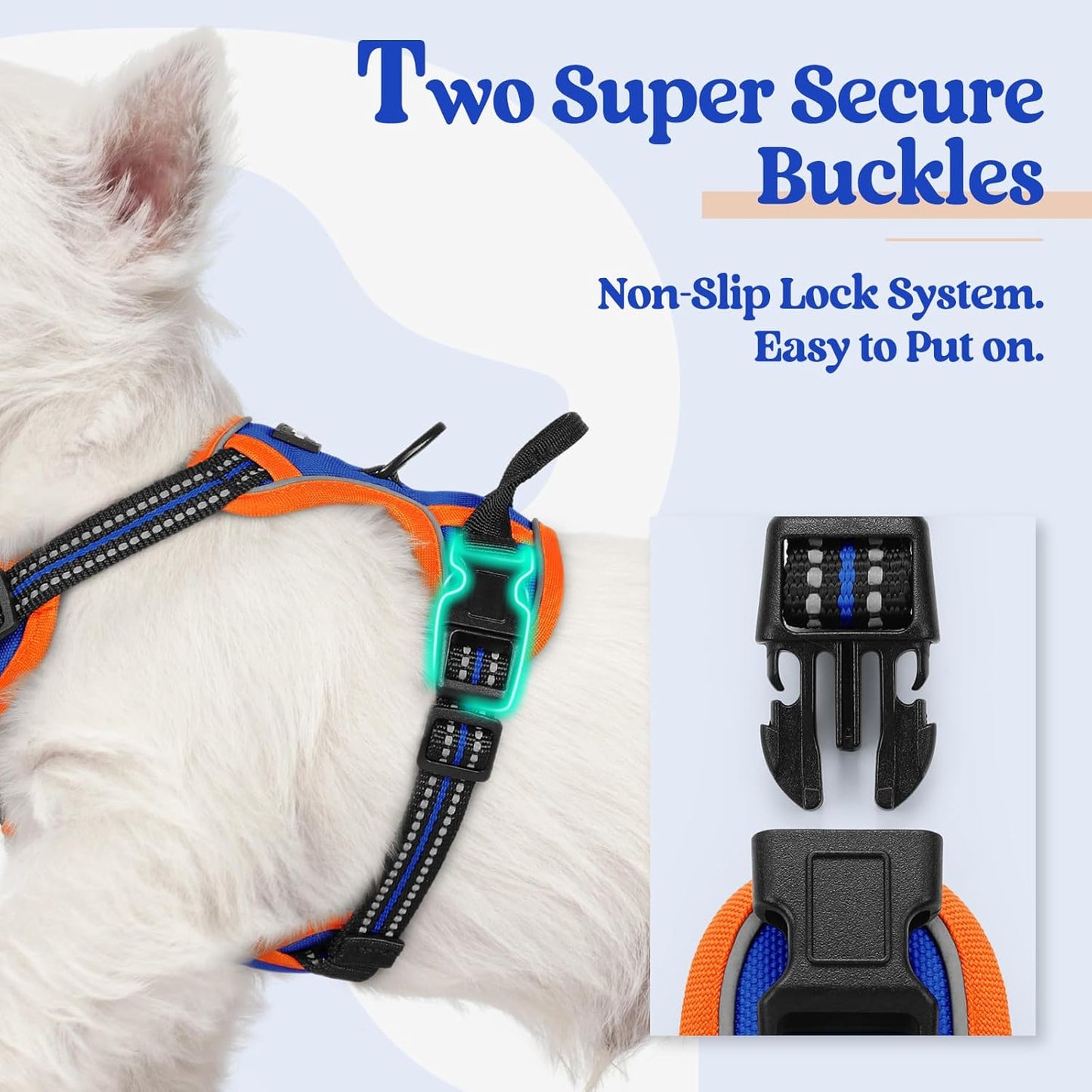 rabbitgoo Dog Harness No Pull with 2 Leash Clips, Adjustable Soft Padded, Reflective Oxford No Choke Pet Vest with Easy Control Handle for Puppy, Blue & Orange, XS