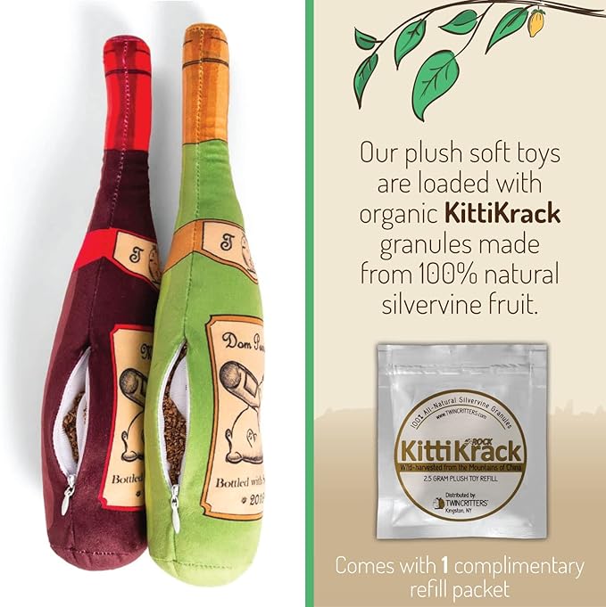 KittiLush 2-Pack Organic Silvervine Catnip Substitute Toys for Cats & Kittens | 100% All-Natural Wild Harvested Silvervine | 2 Refillable Wine Bottle Kicker Cat Toys