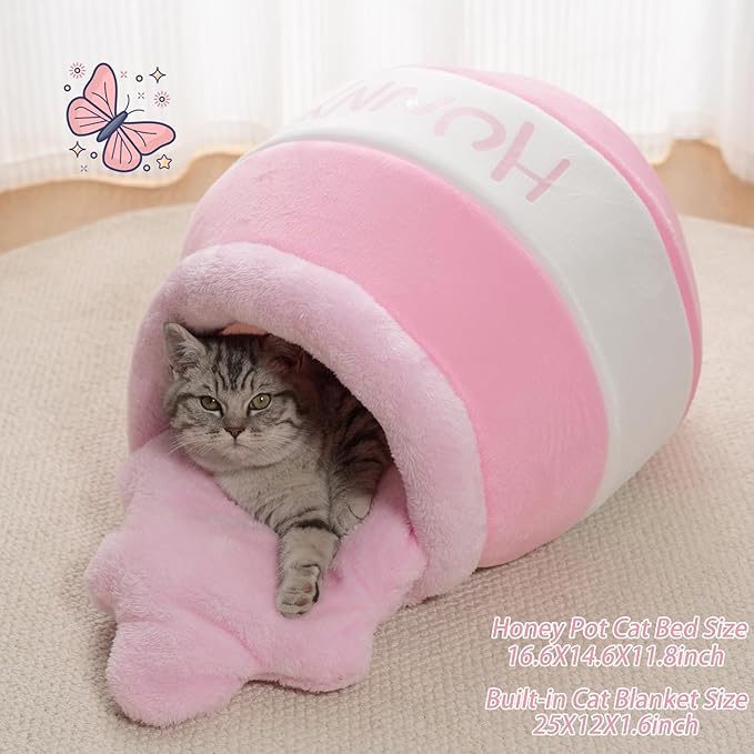 Honey Pot Cat Cave Bed, Soft and Thick Rebound Sponge Pet Nest with Removable & Washable Cushion, Cute Cartoon Design for Small Cats and Breeds - Pink