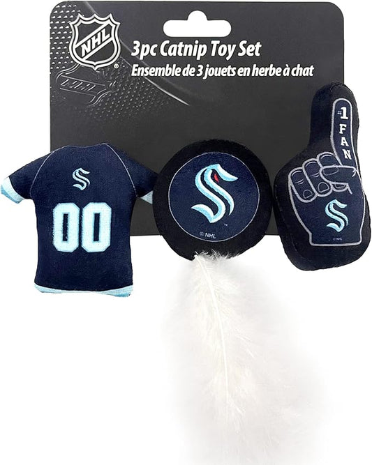 Best Plush CAT Toy NHL Seattle Kraken Complete Set of 3 Piece Cat Toys Filled with Fresh Catnip. Includes: 1 Jersey Cat Toy, 1 Hockey Puck Cat Toy with Feathers & 1#1 Fan Cat Toy. Beautiful Team Logo