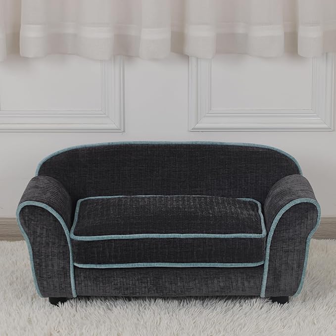 Pet Sofa/Dog Bed With Luxury Striped Fleece, Animal Sleeping Bed, Small Dog and Cat Couch (Dark Black)