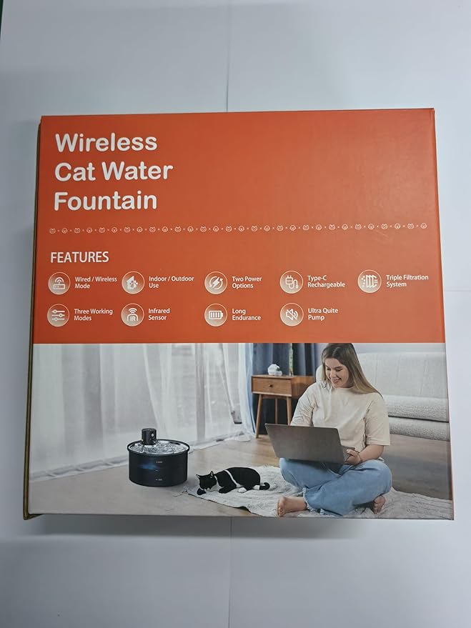 Battery Operated Cat Water Fountain: Wireless Pet Fountain with Filter - 108oz/3.2L Cordless Cat Dispenser with Motion Sensor Rechargeable Automatic Drinking Fountains for Cats Indoor - Plastic Model