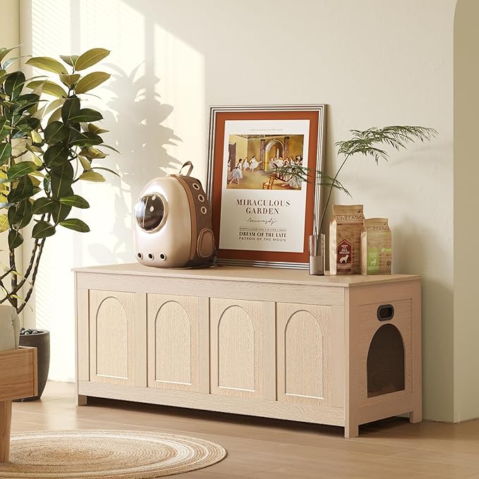 DINZI LVJ Cat Litter Box Enclosure, Flip Top Litter Box Furniture, Hidden Cat Washroom, 2-Entrances Wooden Pet House, 47.2" L x 18.7" W x 19.7" H, End Side Table, TV Stand, Easy to Assemble, Natural