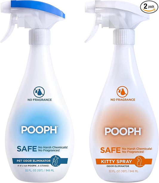 POOPH Pet Odor Eliminator and Litter Box Deodorizer - 2x32oz Bottles - Instant, Safe, Fragrance-Free, Clear, Non-Staining, Unscented