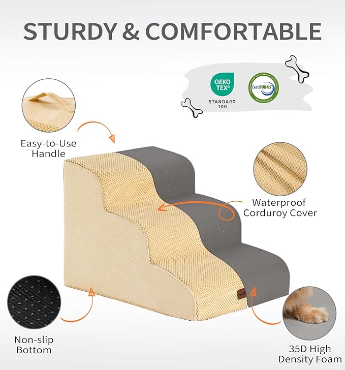 Made4Pets Dog Stairs Ramp for Small Dogs, 3-Step Dog Steps for Bed Couch Sofa and Chair, 35D Foam Pet Steps for Small Dogs and Cats, Non-Slip Bottom Pet Stairs, Tan