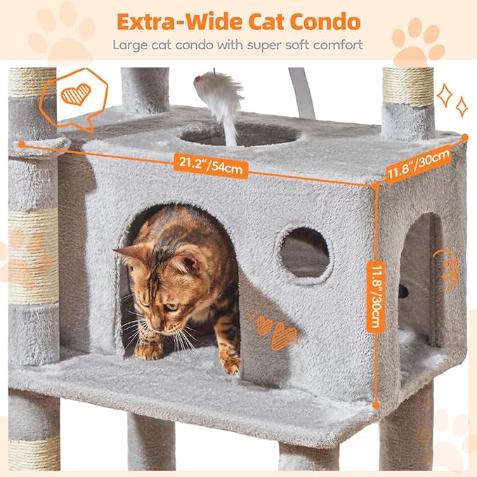 Taoqimiao Large Cat Tree，73-Inch Cat Tree Tower with 9 Scratching Posts for Indoor Cats, 2 Large Cat Condo with Hammock, Hanging Basket, 2 Extended Platform, Light Gray MS013XLW