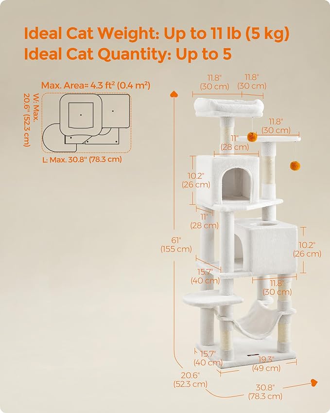 Feandrea Cat Tree, 61-Inch Cat Tower for Indoor Cats, Plush Multi-Level Cat Condo with 5 Scratching Posts, 2 Perches, 2 Caves, Hammock, 2 Pompoms, Cream White UPCT192T01