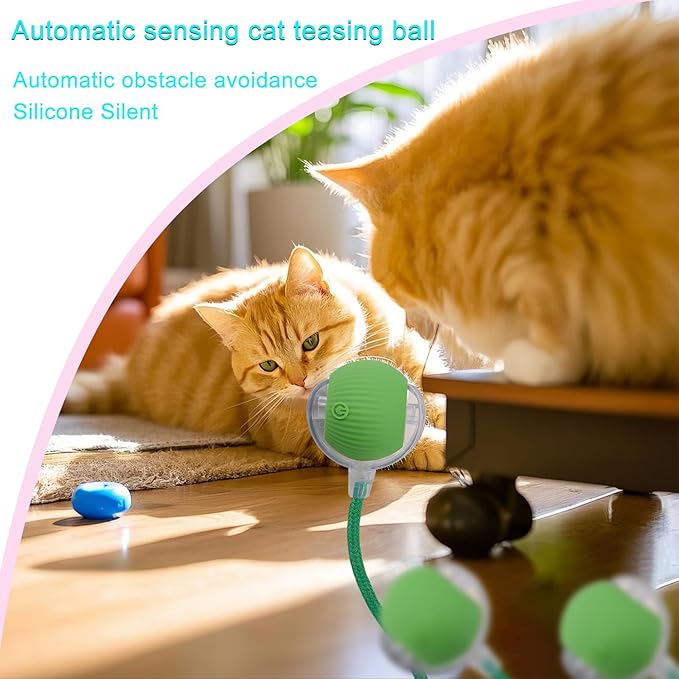 Interactive Cat Dog Toy Ball: Indoor Small Automatic Moving Smart Rolling Fun Pet Game with Led Light and String Tail for Motion Activated, Cute Kitten Puppy Present, Exercise Wheel Supplies (Green)