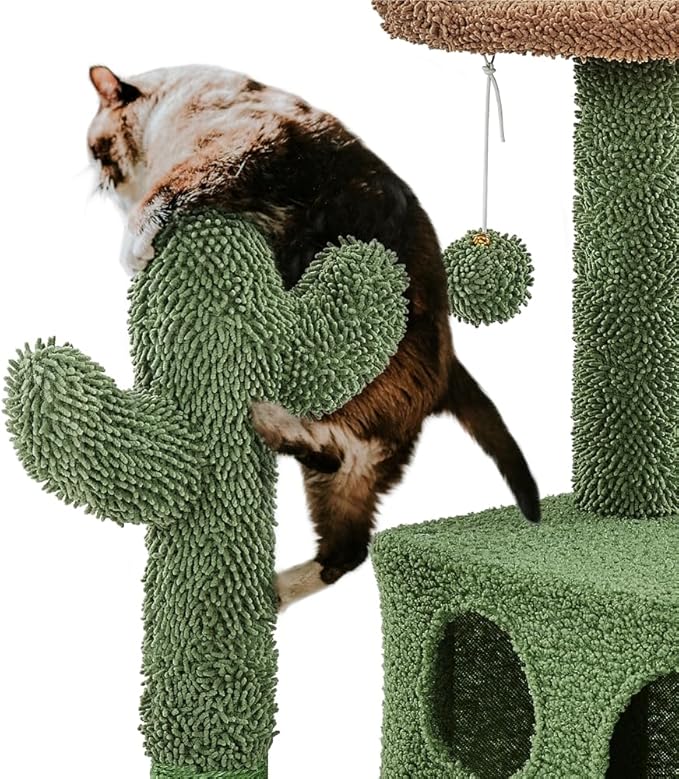 Yaheetech Cactus Cat Tree, 54.5in Tower w/Ramp, Animal-Ear Shaped Perch, Scratching Posts, Platform & Hanging Ball, Multi-Level Condo for Indoor Kittens, Green/Brown