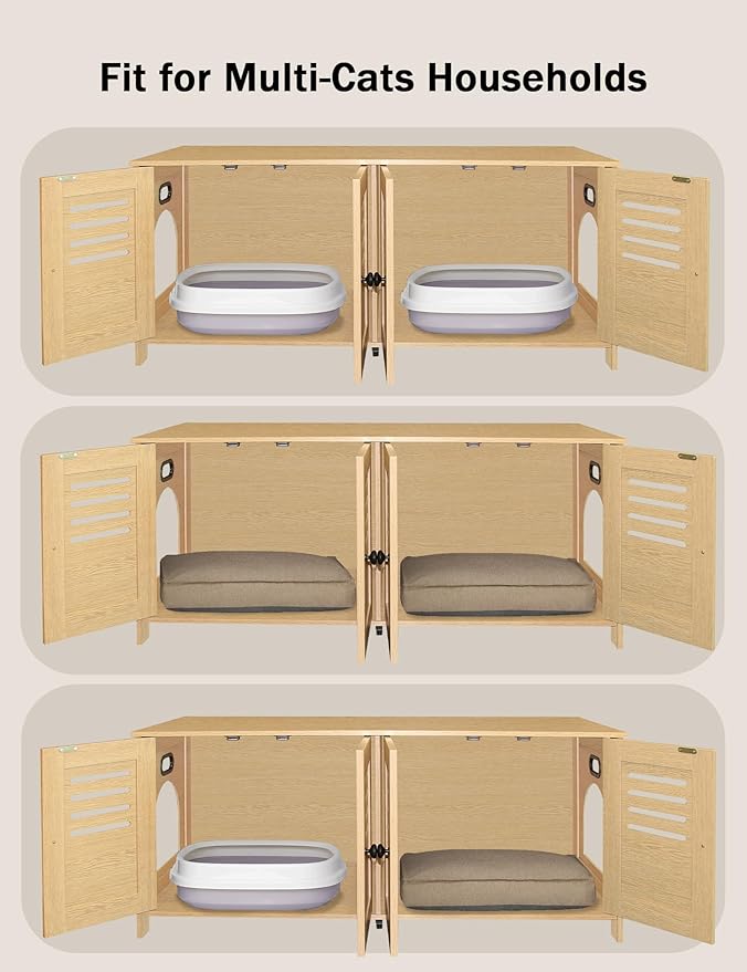 DINZI LVJ Litter Box Enclosure for 2 Cats, Hidden Litter Box Furniture with Double Rooms, Dual Pet House with Good Ventilation, 47.2" Hidden Cat Washroom, Wooden Cabinet, Easy Assembly, Natural