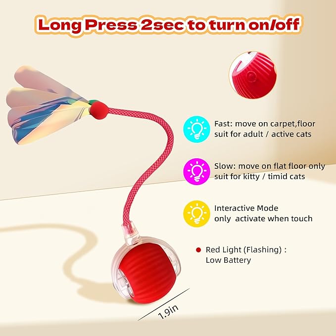 Interactive Cat Toys Ball - 2025 New Gen with Smart Obstacle Avoidance,Auto Wake-Up & 3-Speed Adjustable,Includes 2 Speedy Tail 2.0 Ropes, Ideal Kitten Toys for Bored Indoor Cats (Red)