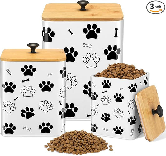 3 Pack Airtight Dog Food Containers with Bamboo Lids, Metal Dog Treat Jars Canisters for Kibble, Biscuits, Snacks, Cookies, Pet Food Storage Set for Kitchen Counter(White)