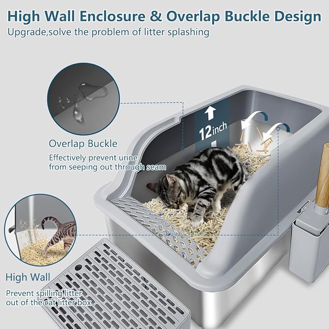 Large Stainless Steel Cat Litter Box,Kitty Litter Box with Lid,XL Jumbo Enclosed High Sided Cat Litter Pan Boxes for Indoor Cats,Scoop with Holder,Non-Sticky Never Absorbs Odors