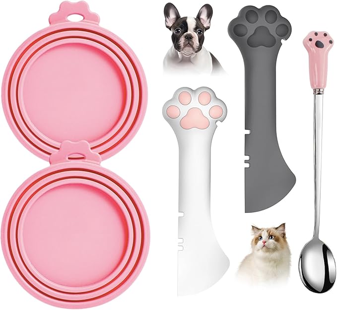Comtim 5 PCS Pet Food Can Lids & Spoons Set - Silicone Dog Cat Covers With Multi-Function Spatula Opener for Wet Food - Long Handle Easy to Scoop