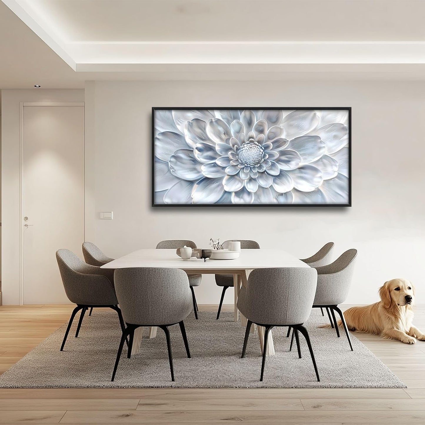 Abstract Flower Large Wall Art White Silver Floral Pictures Wall Decor Neutral Canvas Print Painting Artwork for Bathroom Living Room Bedroom 60L" x 30W"