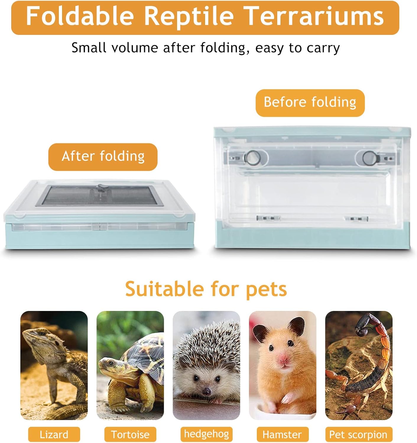 Travel Portable Foldable Terrarium Kits for Reptiles -Heat-Resistant Material, Easy to Move with Wheels, Includes Plant, Feeding Bowl, and Carpet for Snakes, Lizards, Tortoises, and Leopard