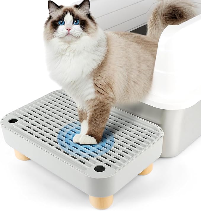 Litter Box Step, Cat Step/Ramp/Catcher with Wooden Base, Filter Function, Easy to Clean, Ideal for Kitten & Elderly Cats (Light Grey)