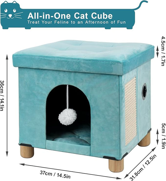 BRIAN & DANY Cat House for Indoor Cats, Cat Cave Bed for Pet, Cat Cube with Cat Scratch Board & Cat Ball, 14.7" x 14.1” x 12.7”, Green