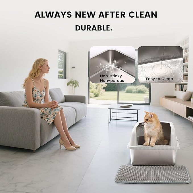 Stainless Steel XL Cat Litter Box for Big Cats- Metal Extra Large Litter Box with Lid, Include Metal Litter Scoop,Mat. High Sided with Guard Prevent Splashing. No Smell, Always New After Clean.