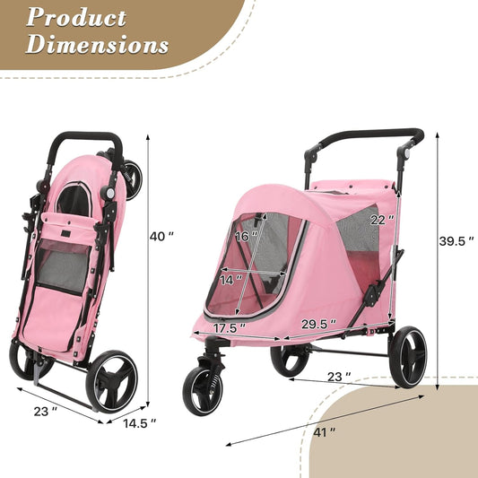 Athena Collection 3 Wheels Pet Stroller Fabric Dog Cart Dog Stroller for Large Dogs 55 Lbs Pet Stroller with Mesh Windows, Zipper Back Pocket, Safety Tether, Angle Adjustable Handlebar, Pink