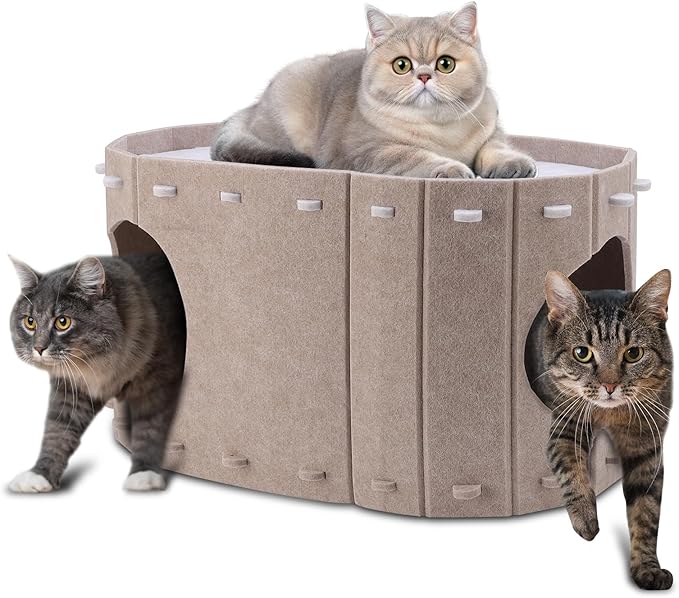 Cat House for Indoor Cats, Double Layer Cat Bed Cave, Large Space Cat Enclosed Bed for Home, Easy Assembly (Khaki, Large)