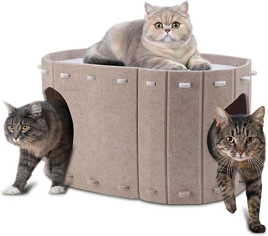 Cat House for Indoor Cats, Double Layer Cat Bed Cave, Large Space Cat Enclosed Bed for Home, Easy Assembly (Khaki, Large)
