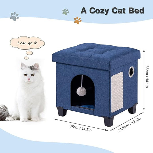 BRIAN & DANY Cat House and Bed, Cat Cave with Scratch Board & Ball, 14.7' x 14.1' x 12.7', Blue