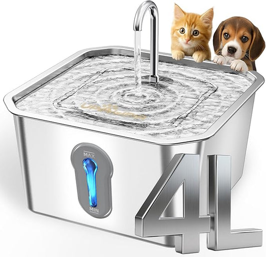 Cat Water Fountain Stainless Steel 135oz/4L Pet Water Fountain for Cats Indoor Pets Dog Small Animal Automatic Dog Water Dispenser with 3 Filters 1 Sponge Quiet