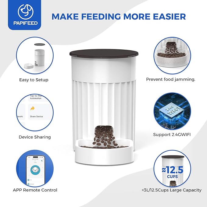 PAPIFEED Automatic Cat Feeder 3L, 2.4G WiFi Auto Pet Food Dispenser for Cats and Small Dogs, Timed Cat Feeder Programmable Portion Size with APP Control & Alexa 1-10 Meals Per Day (White)