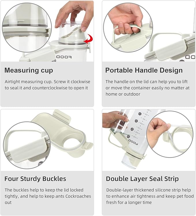 Dog Food Storage Container, Upgraded Large Nozzle BPA-free, 8-12 LBS Plastic Pet Food Storage Containers, With 4 Sealed Clasps, 1 Measuring Cup and Handle (1, A-Beige, 3L)