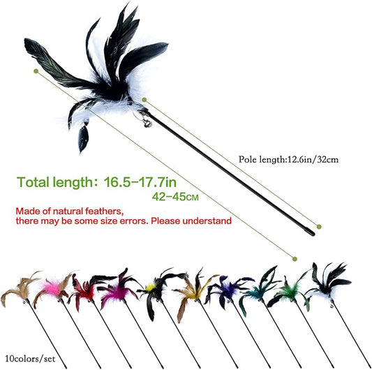 10-Pack Cat Feather Wand Toys with Bell, Natural Feather Interactive Teaser for Indoor Kittens Friendly Cat Toy