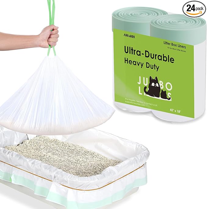 24 Count Super Jumbo Cat Litter Box Liners, Large Drawstring Cat Litter Liner Bags For Litter Box, Kitty Litter Liner Heavy Duty 45" x 18"(Non-Perforated)