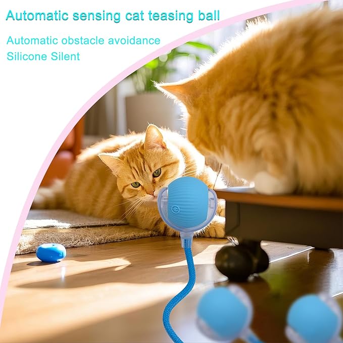 Interactive Cat Dog Toy Ball: Indoor Small Automatic Moving Smart Rolling Fun Pet Game with Led Light and String Tail for Motion Activated, Cute Kitten Puppy Present, Exercise Wheel Supplies (Blue)