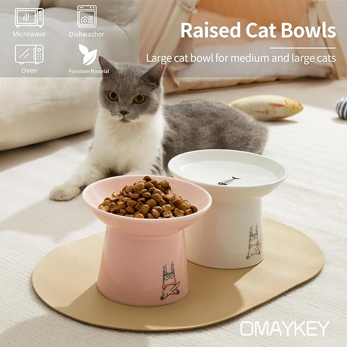 OMAYKEY 6.5 Inch Extra Wide Ceramic Raised Cat Bowls, Elevated Cat Bowl for Food and Water, Wide Shallow Cat Food Feeder Dishes, Whisker Fatigue, Protect Spine, White & Pink