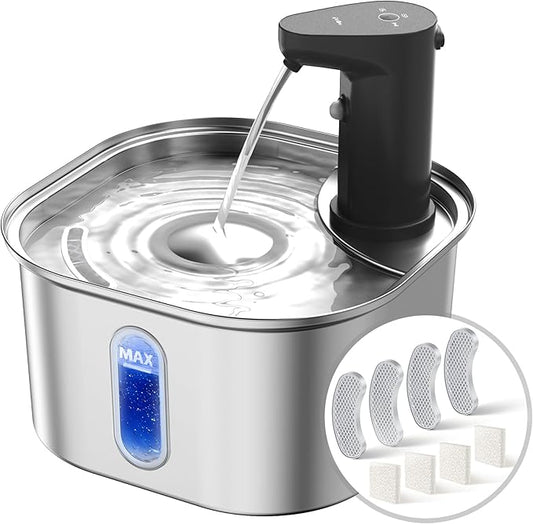 Wireless Cat Water Fountain Stainless Steel 304 + 4 Filters 108oz 3.2L 5000mah Rechargeable Battery Operated Cat Water Fountain Cordless, Automatic Pet Water Dispenser with Motion Sensor for Cats Dogs