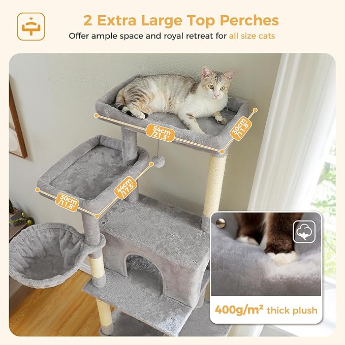 PAWZ Road Tall Cat Tree, 73 Inches Large Cat Tower with Large Padded Perch,2 Spacious Hammocks,8 Long Scratching Posts, XL Plush Cat Condo for Indoor Adult Cats,Gray