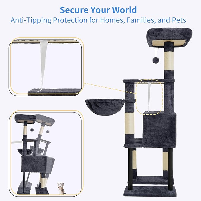 Heybly Cat Tree, 49.2 Inches Cat Tower for Indoor Cats, Spacious Cat House Condo with Hidden Space，Sturdy Steel Tube，Soft Plush Top Perch，Cozy Hammock and Sisal Scratching Posts, Smoky Gray HCT200SG