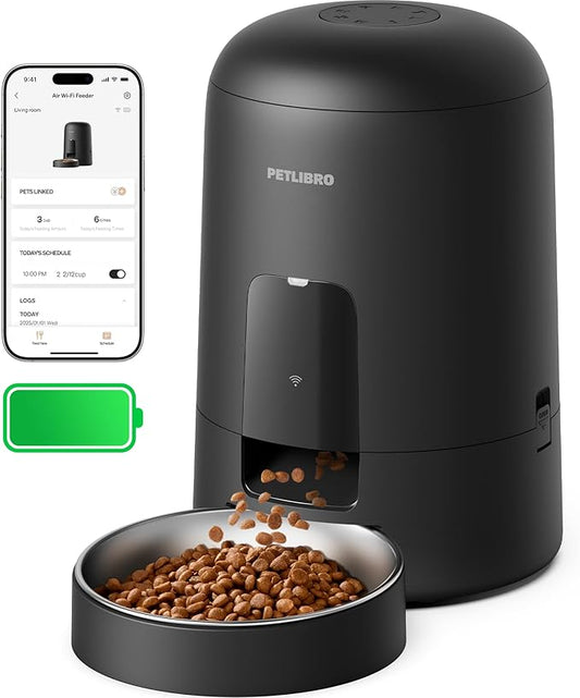 PETLIBRO Automatic Cat Feeder, Wi-Fi Rechargeable Cats Food Dispenser Battery-Operated with 30-Day Life, AIR 2.4G Wi-Fi Timed Pet Feeder for Cats & Dogs, 2L Auto Cat Feeder, Black