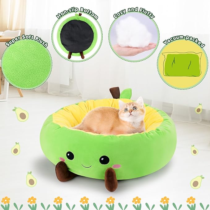 Avocado Heated Cat Bed - Cute Round Dog Bed, Warming Pet Bed for Indoor Cats & Small Dogs, Washable Calming Nest with Heating Pad & Timer, Green Pet Heating Pad for Cats and Dogs