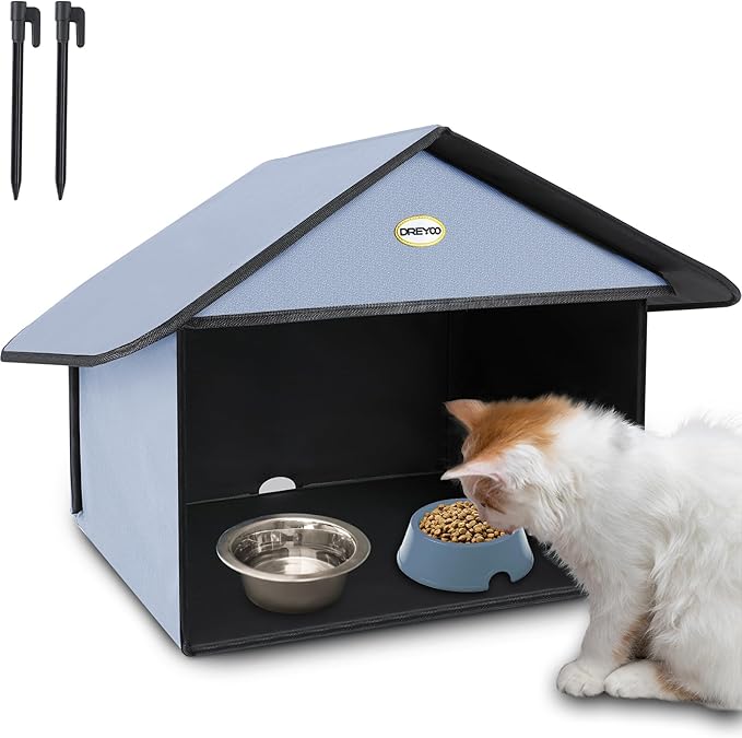 Dreyoo Cat Houses & Condos Outdoor Cat Feeding Station for Food & Water, Weatherproof Outdoor Kitty Dining Room Cats Shelter for Stray, Feral and Community Cats, 13”d x 17”w x 15.5'h(Dusty Blue)