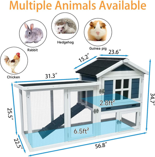 Large Outdoor Rabbit Hutch Weatherproof 2-Story Chicken Coop & Bunny Cage, Wooden Indoor/Outdoor Pet House with No-Leak Tray, Waterproof Roof & Pull-Out Tray (56.8" L x 34.7" H, Grey Blue&White)