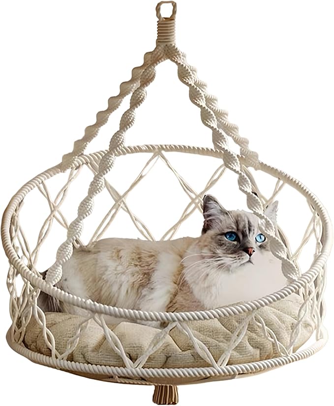 Cat Hammock, Handwoven Hanging Boho Cat Bed for Indoor Outdoor Home Decor for Playing Sleeping Climbing and Lounging with Cushion, Suitable for Cats or Small Dogs Up to 8.8 Lbs