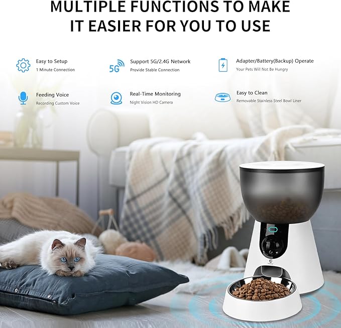 Automatic Cat Pet Feeder Camera, 5G Wi-Fi Smart App Control 4L Timed Cat Dog Food Dispenser 1080 HD Video Recording with Night Vision Two-Way Audio Memory Function Easy to Use