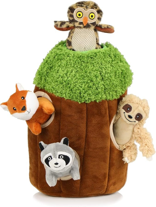 Hide and Seek Dog Puzzle Puppy Toys, Interactive Squeaky Plush, Stuffed Toys for Dogs, Small Size(Sheep, Panda, Forest Animals) (Tree Hole Mix Medium)