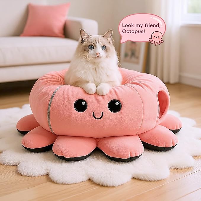 Cat Tunnel Bed for Indoor Cats, Peekaboo Cat Cave Bed,Soft Cat Donut Tunnel for Kitten Large Cats, Cute Pink Octopus Shaped