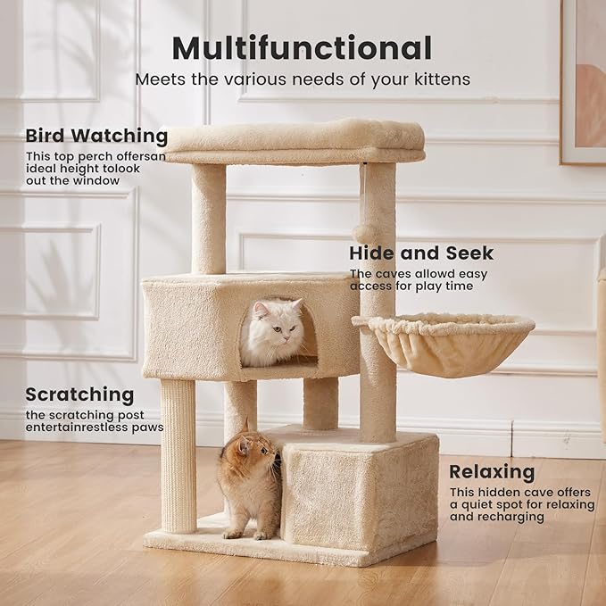 Gardner Pet 41" Tall Cat Tree for Large Cats, Heavy Duty Cat Tower with 3.2in Posts & Washable Top Perches, Space-Saving Cat Furniture with Replaceable Natural Sisal for Apartments, Easy to Assembly