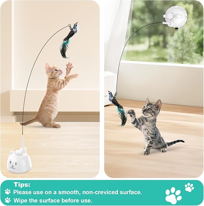 Cat Toys Feather Wand Enhanced Suction Cup Interactive Cat Toy Auto-Swing Cat Wand Toy with 3PCS Replacement Teaser Refills with Bell Bird/Ribbon/Worm